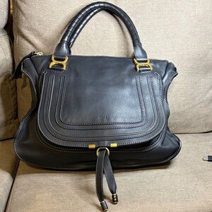 Chloe Marcie Black Leather Satchel with Gold Accents